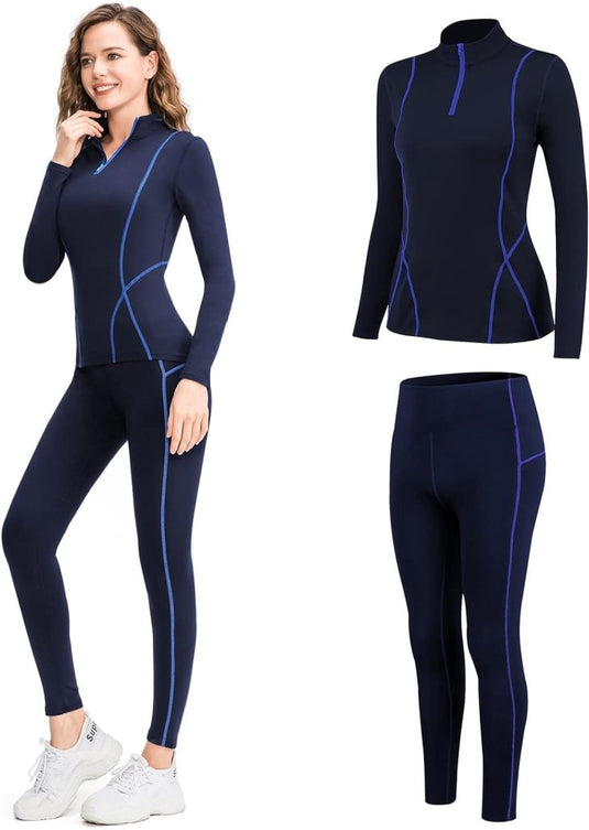 Thermisch ondergoed voor dames, met winddichte opstaande kraag, set thermisch ondergoed, ski-ondergoed, ademend, flexibel, thermo-onderhemd en -broek - happygetfit.com