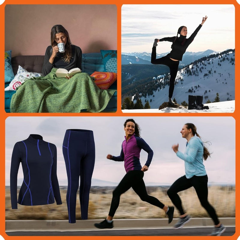 Laad afbeelding in Galerijviewer, Thermisch ondergoed voor dames, met winddichte opstaande kraag, set thermisch ondergoed, ski-ondergoed, ademend, flexibel, thermo-onderhemd en -broek - happygetfit.com
