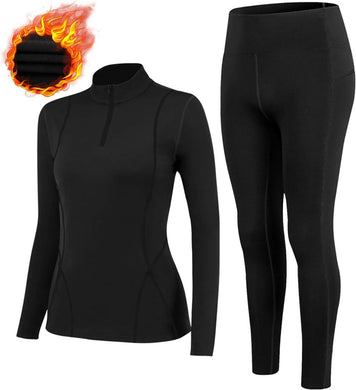 Thermisch ondergoed voor dames, met winddichte opstaande kraag, set thermisch ondergoed, ski-ondergoed, ademend, flexibel, thermo-onderhemd en -broek - happygetfit.com