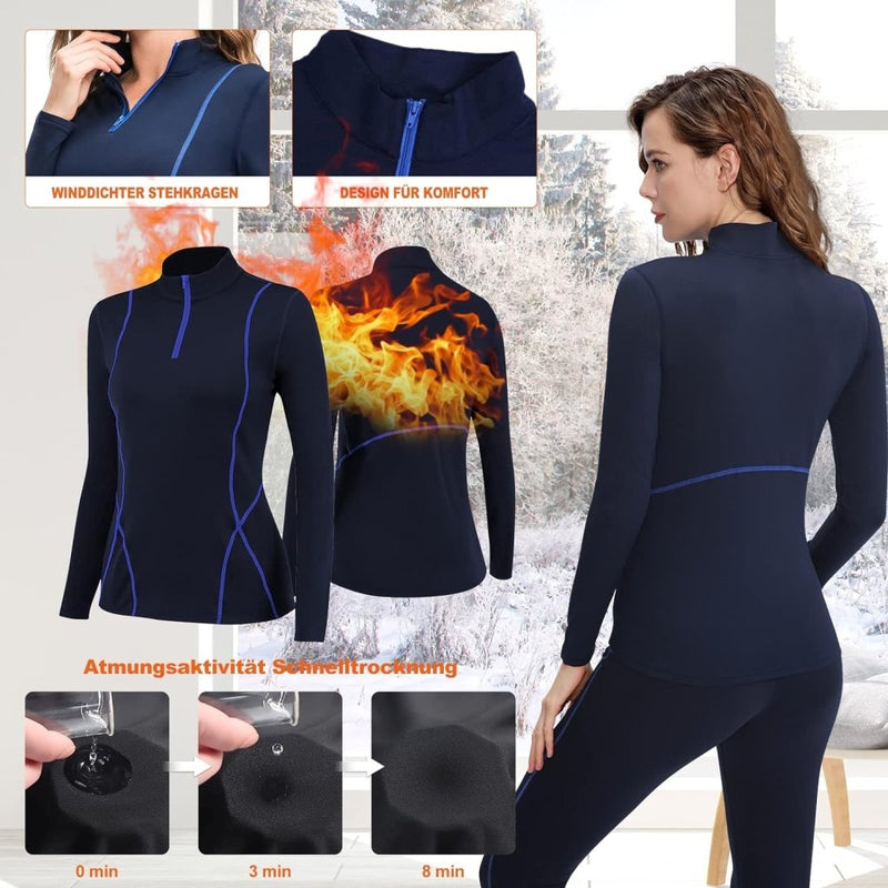 Laad afbeelding in Galerijviewer, Thermisch ondergoed voor dames, met winddichte opstaande kraag, set thermisch ondergoed, ski-ondergoed, ademend, flexibel, thermo-onderhemd en -broek - happygetfit.com
