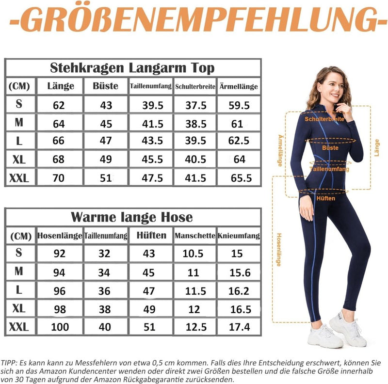 Laad afbeelding in Galerijviewer, De maattabel voor de Thermisch ondergoed dames, met een top met lange mouwen en een warme broek met 4-weg stretchstof, biedt borst-, taille- en heupmaten. Rechts is een afbeelding van een vrouw die de bijpassende outfit draagt.
