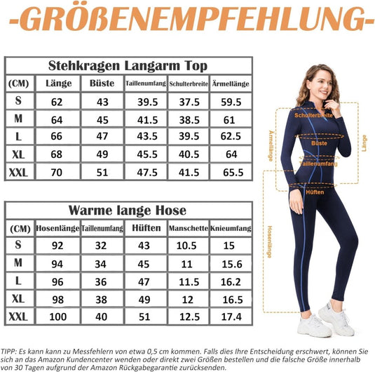 De maattabel voor de Thermisch ondergoed dames, met een top met lange mouwen en een warme broek met 4-weg stretchstof, biedt borst-, taille- en heupmaten. Rechts is een afbeelding van een vrouw die de bijpassende outfit draagt.