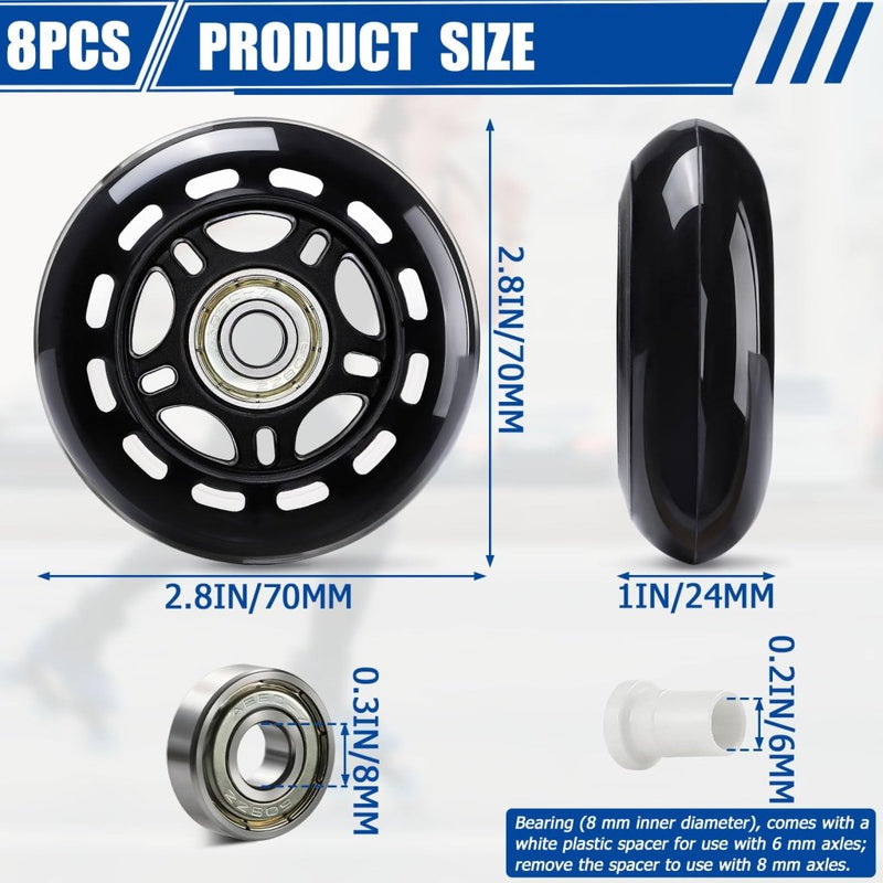 Load image into Gallery viewer, TOBWOLF 8 Pack 76mm 84A Inline Skate Wheels with ABEC-7 Bearings, Roller Skate Replacement Wheels for Girls &amp; Boys Roller Blade Skating - Black - happygetfit.com
