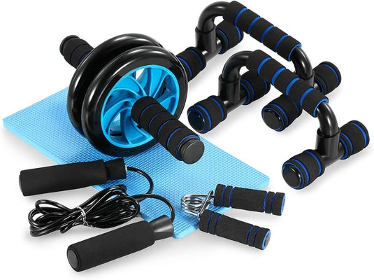 TOMSHOO Fitnessapparatuur 5-in-1 buikwiel + pompgreep + springtouw + handklem + kniemat complete set voor fitness, oefeningen, krachttraining - happygetfit.com