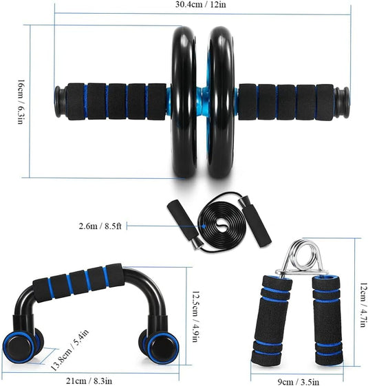 TOMSHOO Fitnessapparatuur 5-in-1 buikwiel + pompgreep + springtouw + handklem + kniemat complete set voor fitness, oefeningen, krachttraining - happygetfit.com