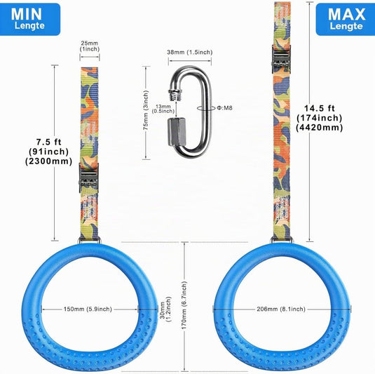 Trapeze ringen 2 stuks met karabijnhaken voor klimrek en schommel – monkey bars – speeltoestel accessoires - happygetfit.com