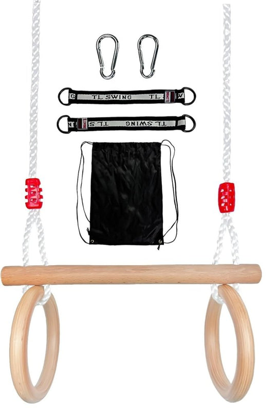 Trapezeschommel 2-in-1 met gymnastiekringen en verstelbare touwen tot 100 kg – houten schommel - happygetfit.com