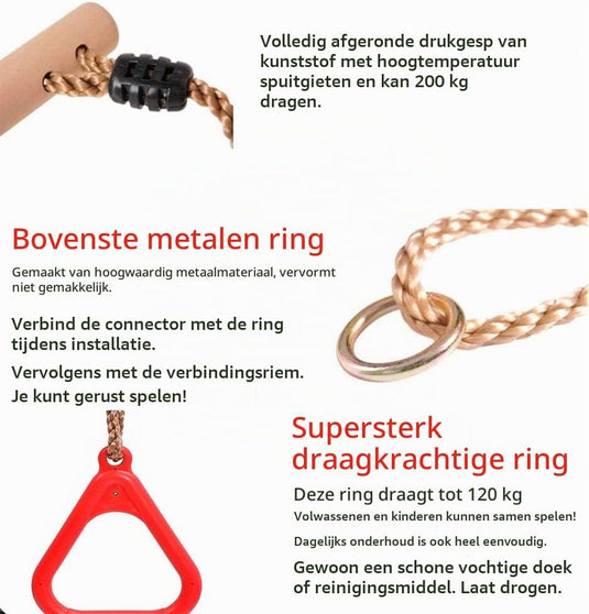 Trapezeschommel 2-in-1 met gymnastiekringen tot 120 kg – houten turnschommel – binnen en buiten - happygetfit.com