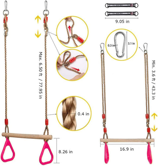 Trapezeschommel 2-in-1 met gymnastiekringen tot 120 kg – houten turnschommel – binnen en buiten - happygetfit.com