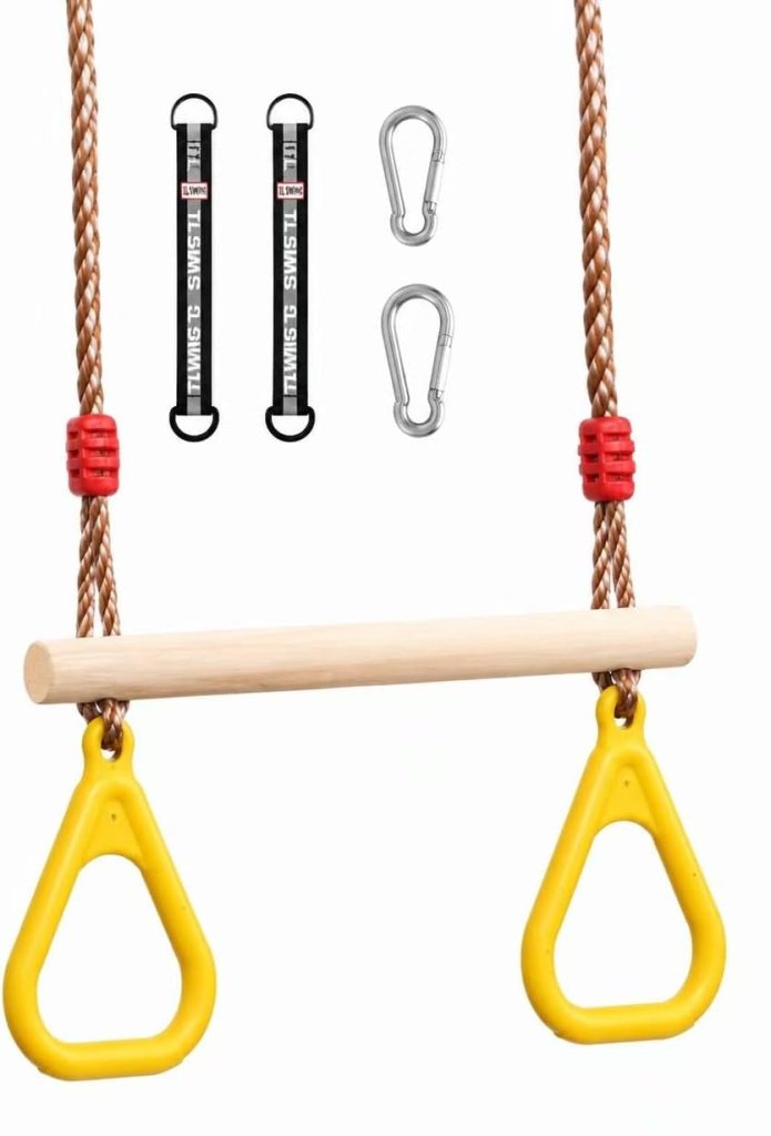 Load image into Gallery viewer, Trapezeschommel 2-in-1 met gymnastiekringen tot 120 kg – houten turnschommel – binnen en buiten - happygetfit.com
