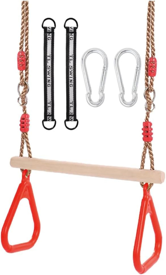 Trapezeschommel 2-in-1 met gymnastiekringen tot 120 kg – houten turnschommel – binnen en buiten - happygetfit.com