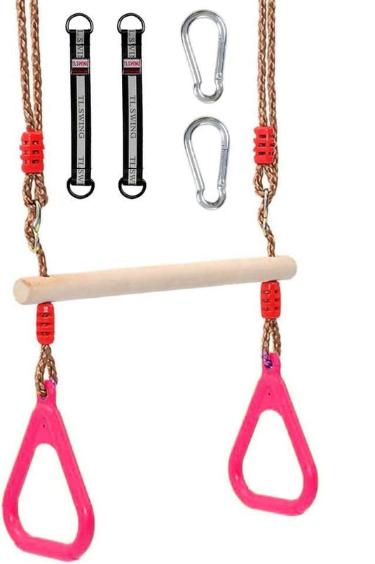 Trapezeschommel 2-in-1 met gymnastiekringen tot 120 kg – houten turnschommel – binnen en buiten - happygetfit.com