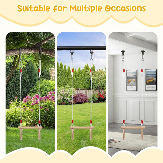 Trapezeschommel 2-in-1 met houten stang en gymnastiekringen tot 50 kg – kinderschommel – turnringen - happygetfit.com