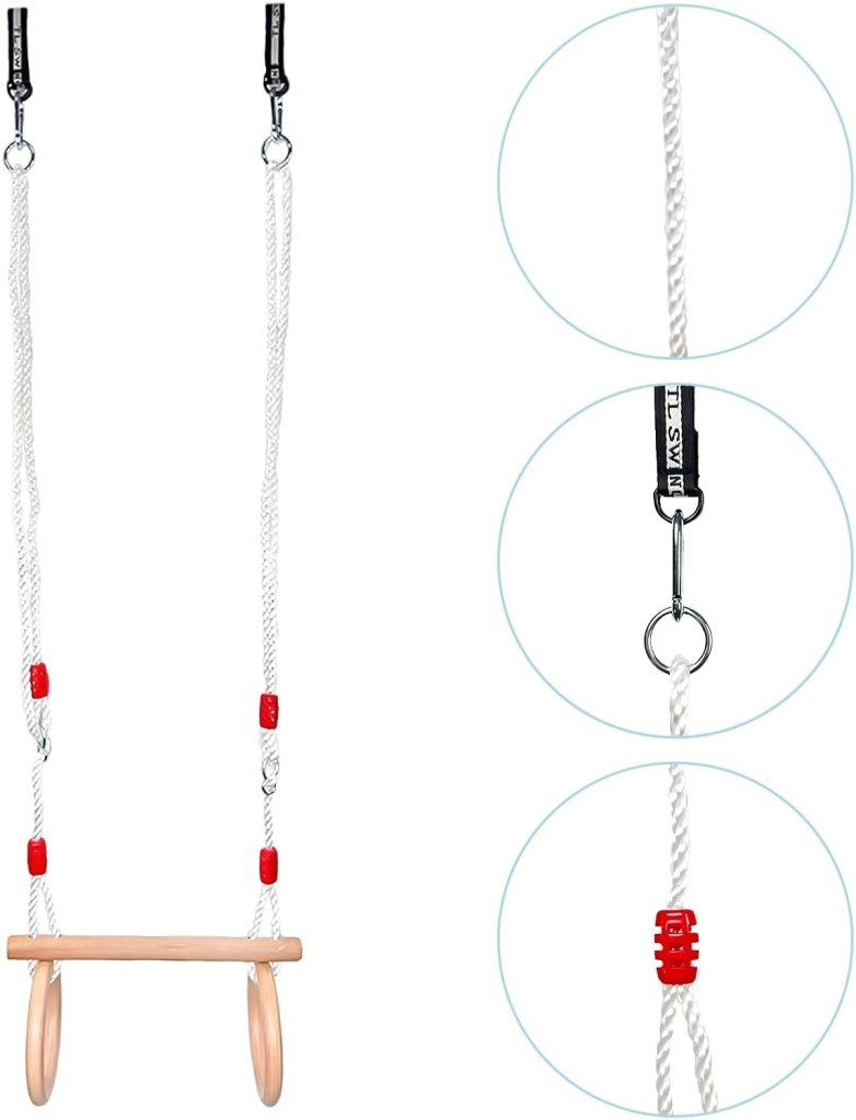 Laad afbeelding in Galerijviewer, Trapezeschommel met gymnastiekringen en verstelbare touwen tot 100 kg – houten turnschommel - happygetfit.com
