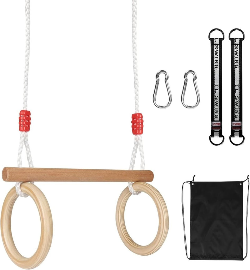 Laad afbeelding in Galerijviewer, Trapezeschommel met gymnastiekringen en verstelbare touwen tot 100 kg – houten turnschommel - happygetfit.com
