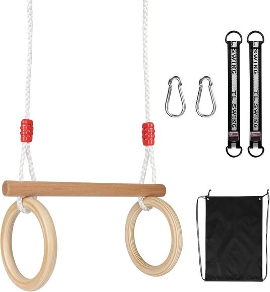 Trapezeschommel met gymnastiekringen en verstelbare touwen tot 100 kg – houten turnschommel - happygetfit.com