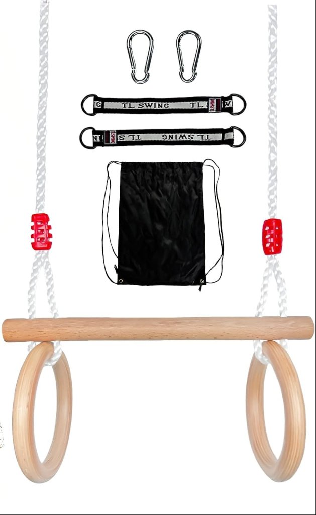 Laad afbeelding in Galerijviewer, Trapezeschommel met gymnastiekringen en verstelbare touwen tot 100 kg – houten turnschommel - happygetfit.com
