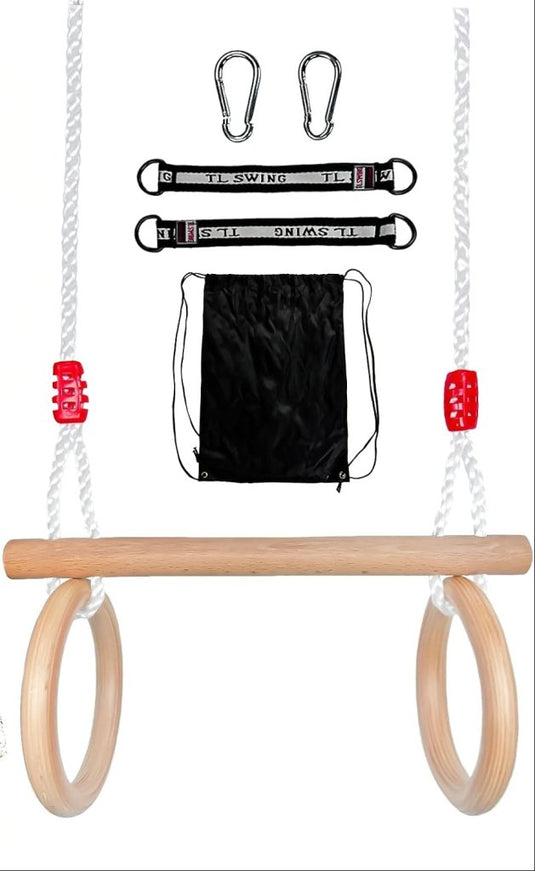 Trapezeschommel met gymnastiekringen en verstelbare touwen tot 100 kg – houten turnschommel - happygetfit.com