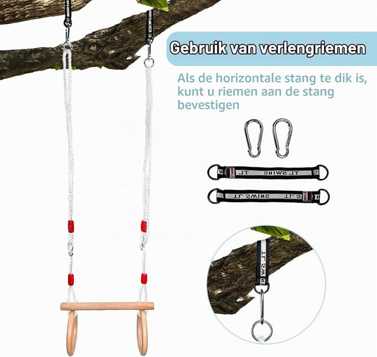 Trapezeschommel met gymnastiekringen en verstelbare touwen tot 100 kg – houten turnschommel - happygetfit.com