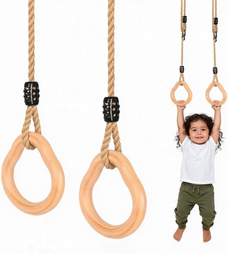 Załaduj obraz w przeglądarce galerii, Trapezeschommel voor kinderen met houten turnstok en gymnastiekringen – turnspeelgoed – klimschommel - happygetfit.com
