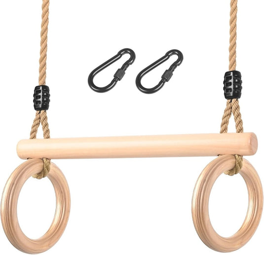 Trapezeschommel voor kinderen met houten turnstok en gymnastiekringen – turnspeelgoed – klimschommel - happygetfit.com