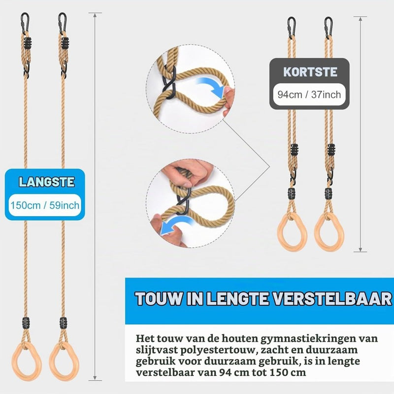 Załaduj obraz w przeglądarce galerii, Trapezeschommel voor kinderen met houten turnstok en gymnastiekringen – turnspeelgoed – klimschommel - happygetfit.com
