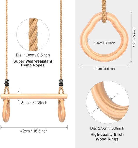 Trapezeschommel voor kinderen met houten turnstok en gymnastiekringen – turnspeelgoed – klimschommel - happygetfit.com