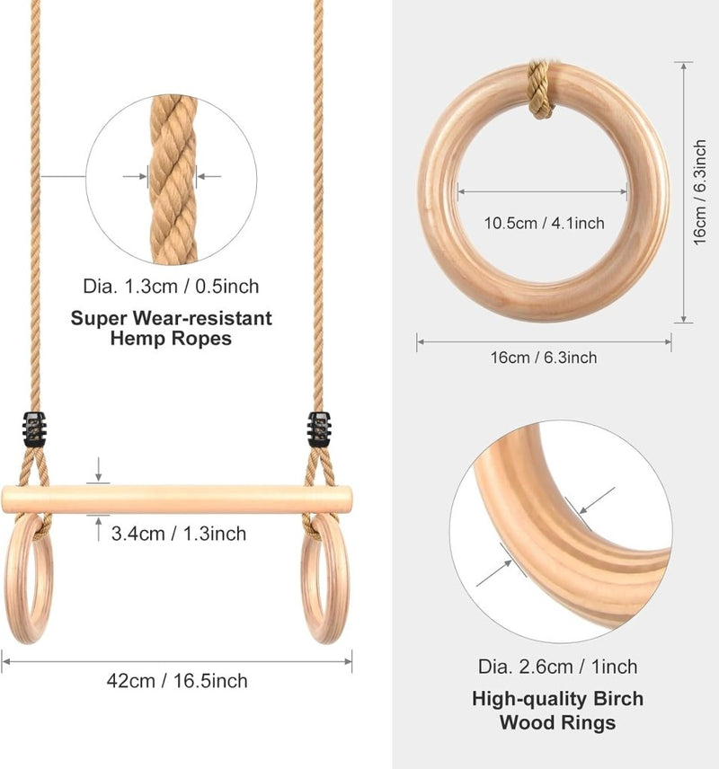Załaduj obraz w przeglądarce galerii, Trapezeschommel voor kinderen met houten turnstok en gymnastiekringen – turnspeelgoed – klimschommel - happygetfit.com
