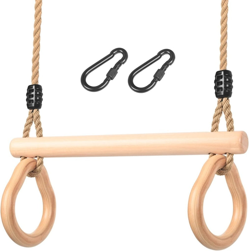 Załaduj obraz w przeglądarce galerii, Trapezeschommel voor kinderen met houten turnstok en gymnastiekringen – turnspeelgoed – klimschommel - happygetfit.com
