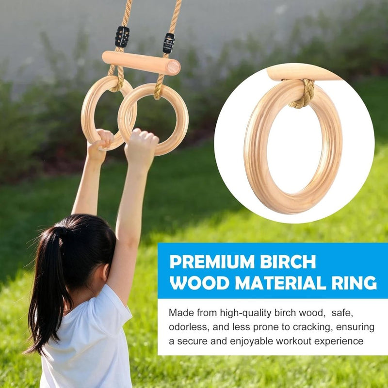 Załaduj obraz w przeglądarce galerii, Trapezeschommel voor kinderen met houten turnstok en gymnastiekringen – turnspeelgoed – klimschommel - happygetfit.com
