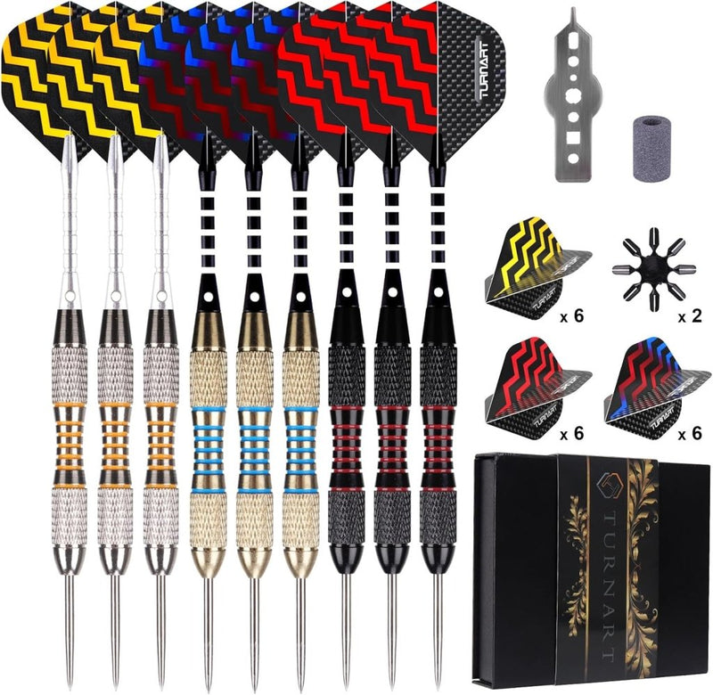 Load image into Gallery viewer, Turnart Darts Metal Tip Set Steel Tip Darts Darts Set Metal Tip Darts Set Professional Metal Darts 9 Pcs 24 Gram 20 O-Rings Aluminum Shafts 27 Extra Flights Darts Tool Exquisite Packaging (Gold) - happygetfit.com
