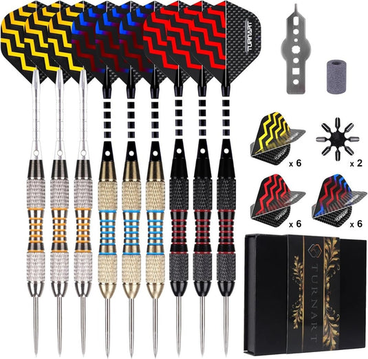 Turnart Darts Metal Tip Set Steel Tip Darts Darts Set Metal Tip Darts Set Professional Metal Darts 9 Pcs 24 Gram 20 O-Rings Aluminum Shafts 27 Extra Flights Darts Tool Exquisite Packaging (Gold) - happygetfit.com
