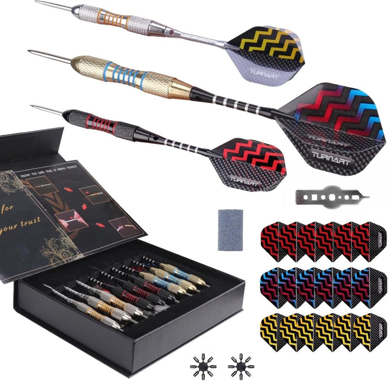 Load image into Gallery viewer, Turnart Darts Metal Tip Set Steel Tip Darts Darts Set Metal Tip Darts Set Professional Metal Darts 9 Pcs 24 Gram 20 O-Rings Aluminum Shafts 27 Extra Flights Darts Tool Exquisite Packaging (Gold) - happygetfit.com
