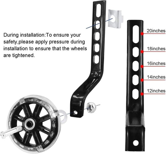Diagram met Universele steunwielen met hoogteopties van 20, 18, 16, 14 en 12 inch. Montage-instructies: druk uitoefenen op het wiel om de kinderveiligheid te waarborgen.