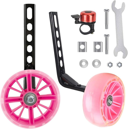 Set roze universele stabilisatoren voor kinderfietsen, inclusief beugels, bel, sleutel, bouten en metalen ringen.