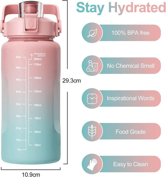 Uootach waterfles, 2 liter sportfles, geïnspireerde tijdmarkeerder, fles met rietje, BPA-vrij, waterdicht, lichtgewicht en herbruikbaar, geschikt voor sport, fitness, outdoor, wandelen (roze) - happygetfit.com