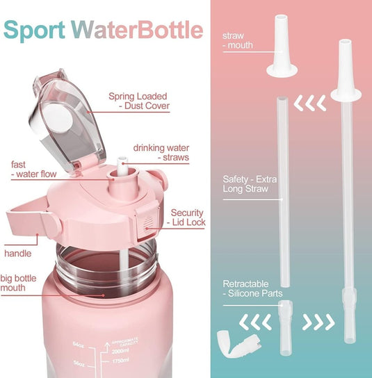 Uootach waterfles, 2 liter sportfles, geïnspireerde tijdmarkeerder, fles met rietje, BPA-vrij, waterdicht, lichtgewicht en herbruikbaar, geschikt voor sport, fitness, outdoor, wandelen (roze) - happygetfit.com