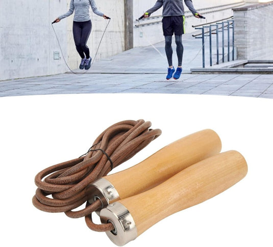 Verstelbaar leren springtouw met houten handgrepen - happygetfit.com
