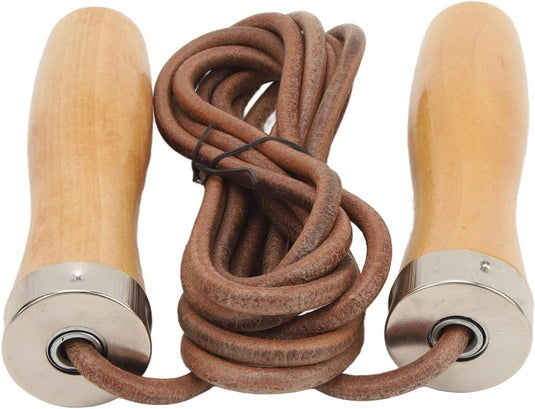 Verstelbaar leren springtouw met houten handgrepen - happygetfit.com