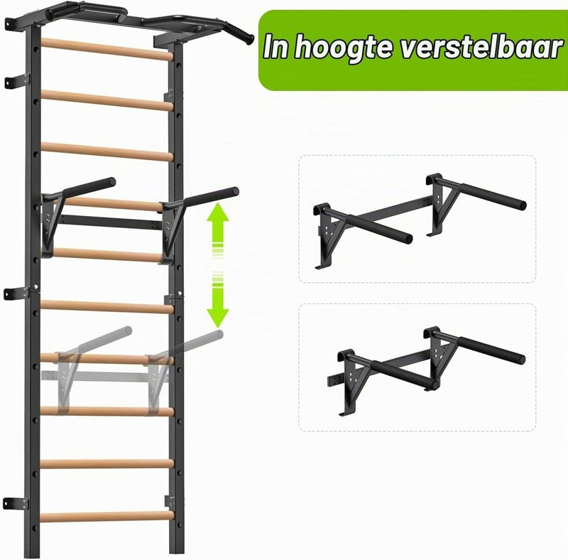 Załaduj obraz do przeglądarki galerii, Verstelbare dip bar bevestiging voor Zweedse ladder tot 150 kg – dipstation – krachttraining - happygetfit.com
