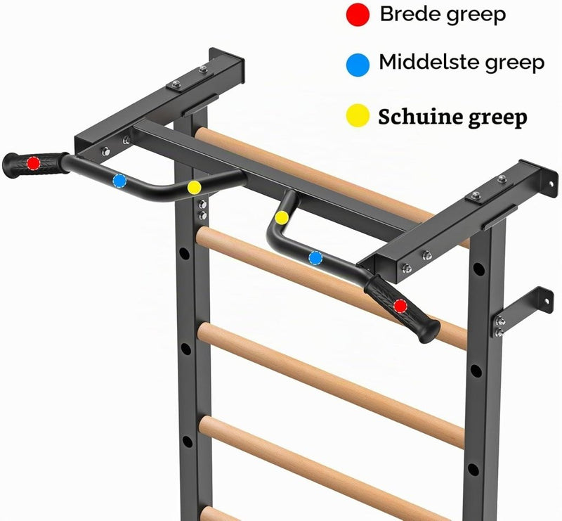 Załaduj obraz do przeglądarki galerii, Verstelbare dip bar bevestiging voor Zweedse ladder tot 150 kg – dipstation – krachttraining - happygetfit.com
