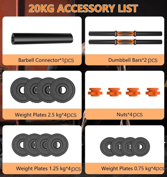 Verstelbare halterset 20 kg 2-in-1 dumbbell en barbell - happygetfit.com