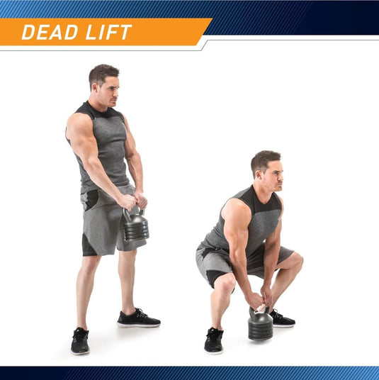 Een man in grijze sportkleding demonstreert een deadlift met de Transformeer je thuisworkouts verstelbare kettlebell gewichtenset, die kracht en precisie demonstreert. Zijn bewegingen benadrukken spieropbouw tijdens squats, waardoor krachttraining perfect in zijn routine wordt geïntegreerd.