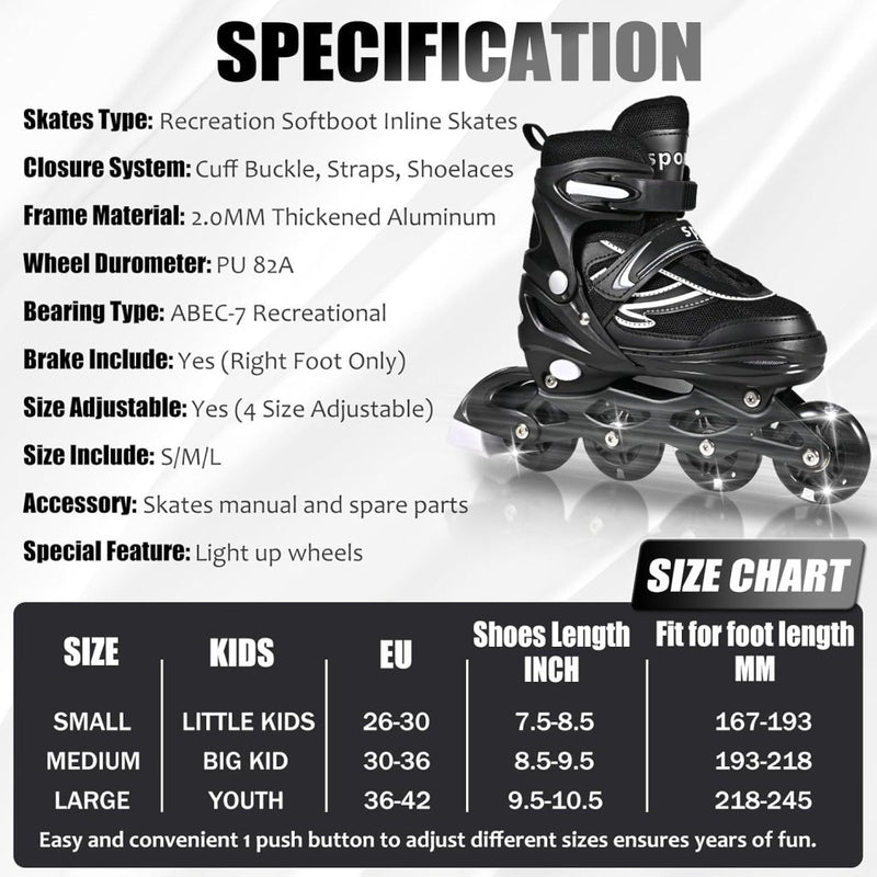 Load image into Gallery viewer, Verstelbare kinderen inline skates voor jongens en meisjes, 4-wielige Zwart en wit inline skates voor tieners en volwassenen met lichtgevende wielen voor sport - happygetfit.com
