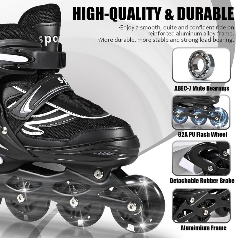 Load image into Gallery viewer, Verstelbare kinderen inline skates voor jongens en meisjes, 4-wielige Zwart en wit inline skates voor tieners en volwassenen met lichtgevende wielen voor sport - happygetfit.com
