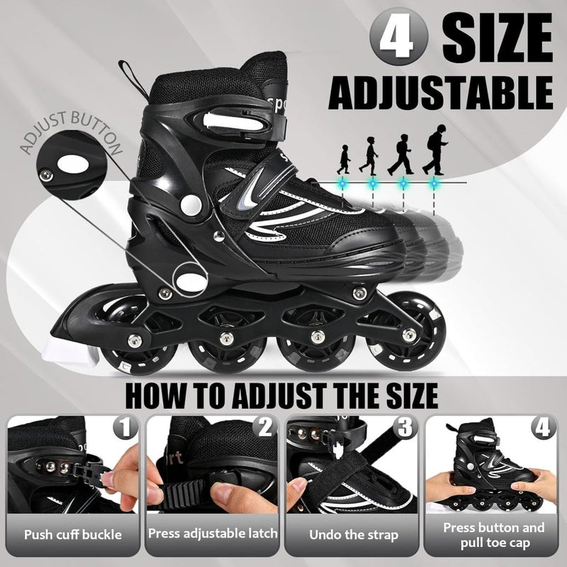 Load image into Gallery viewer, Verstelbare kinderen inline skates voor jongens en meisjes, 4-wielige Zwart en wit inline skates voor tieners en volwassenen met lichtgevende wielen voor sport - happygetfit.com
