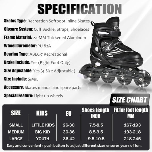 Verstelbare kinderen inline skates voor jongens en meisjes, 4-wielige Zwart en wit inline skates voor tieners en volwassenen met lichtgevende wielen voor sport - happygetfit.com