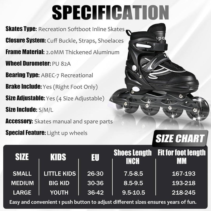 Load image into Gallery viewer, Verstelbare kinderen inline skates voor jongens en meisjes, 4-wielige Zwart en wit inline skates voor tieners en volwassenen met lichtgevende wielen voor sport - happygetfit.com

