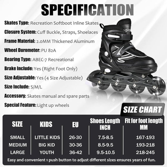 Verstelbare kinderen inline skates voor jongens en meisjes, 4-wielige Zwart en wit inline skates voor tieners en volwassenen met lichtgevende wielen voor sport - happygetfit.com