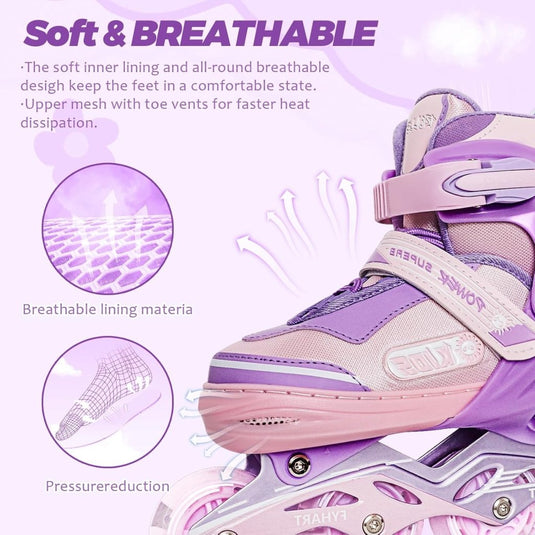 Verstelbare kinderen inline skates voor meisjes, 4-wielige inline skates voor kinderen en tieners met lichtgevende wielen voor sport, Roze Paars - happygetfit.com